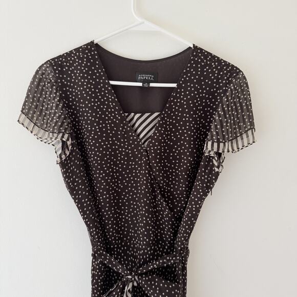 Adrianna Papell Silk Faux Wrap Dress Brown Polka Dot Pleated Sleeves Size 10 - Picture 7 of 10